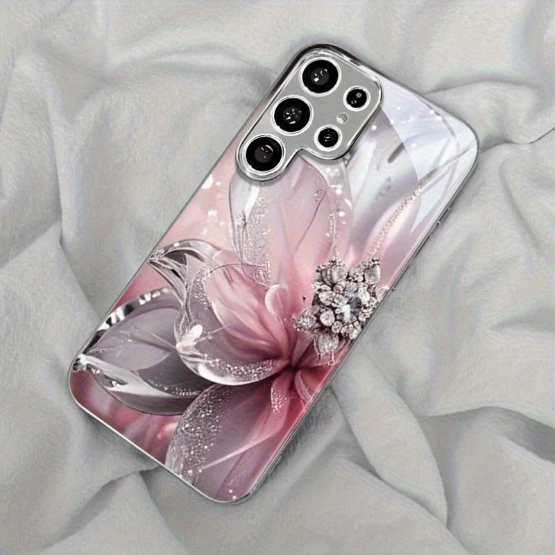Phone case Silver powder peony flower s26 ultra Glass phone case for Samsung Galaxy s26/s25/s24/s23/s22 Ultra FE Plus anti-fall