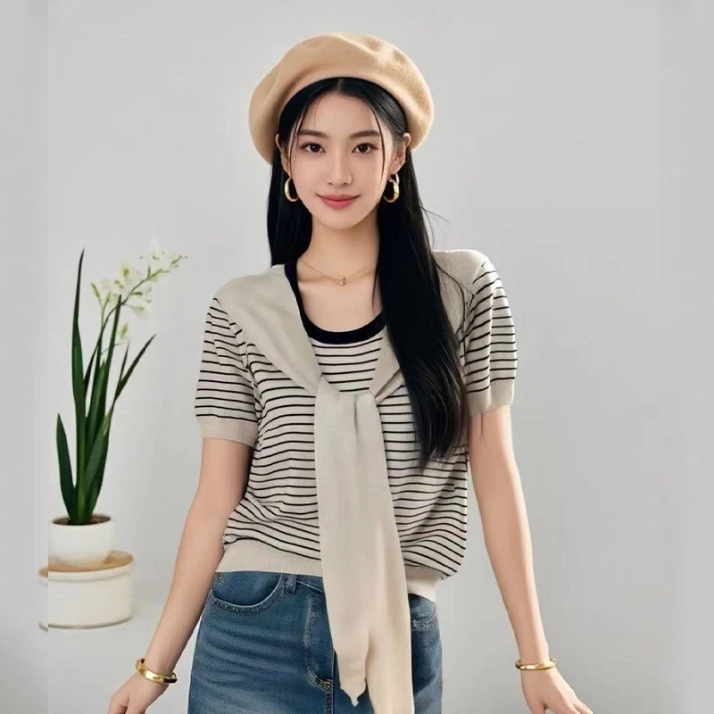 Women Round Neck Striped Fake Two-piece Casual Short Sleeve T-shirt With Scarf