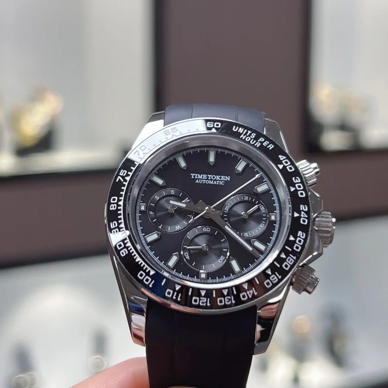 

TIME TOKEN 40 мм мужские механические часы V2 ретро-хронограф с сапфировым стеклом ремешок из нержавеющей стали водостойкая спортивная повседневная одежда