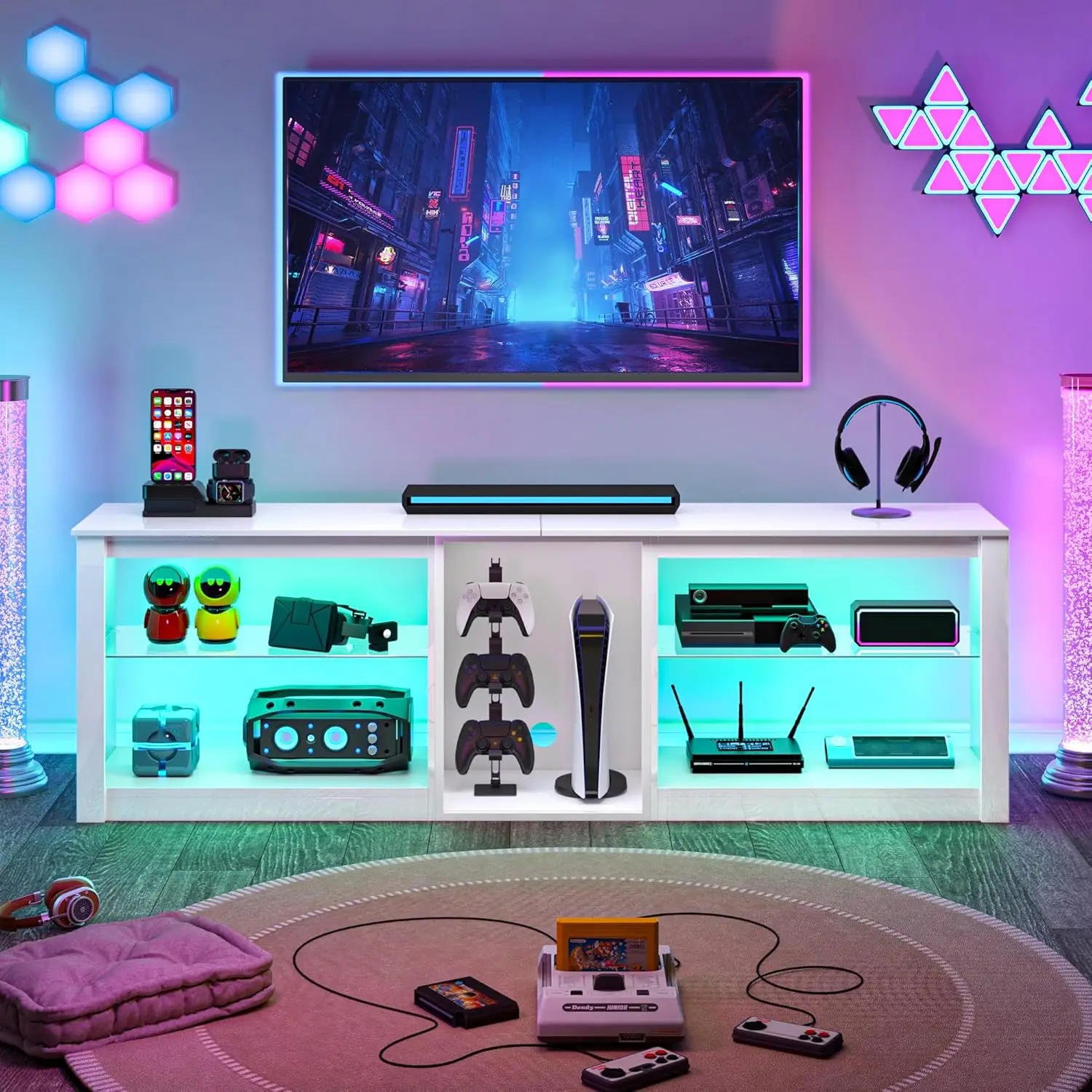 حامل تلفزيون LED عالي اللمعان مقاس 63 بوصة لتلفزيون 50 55 60 65 70 75 بوصة، مركز ترفيه الألعاب لـ PS5، خزانة تلفزيون مع رف زجاجي