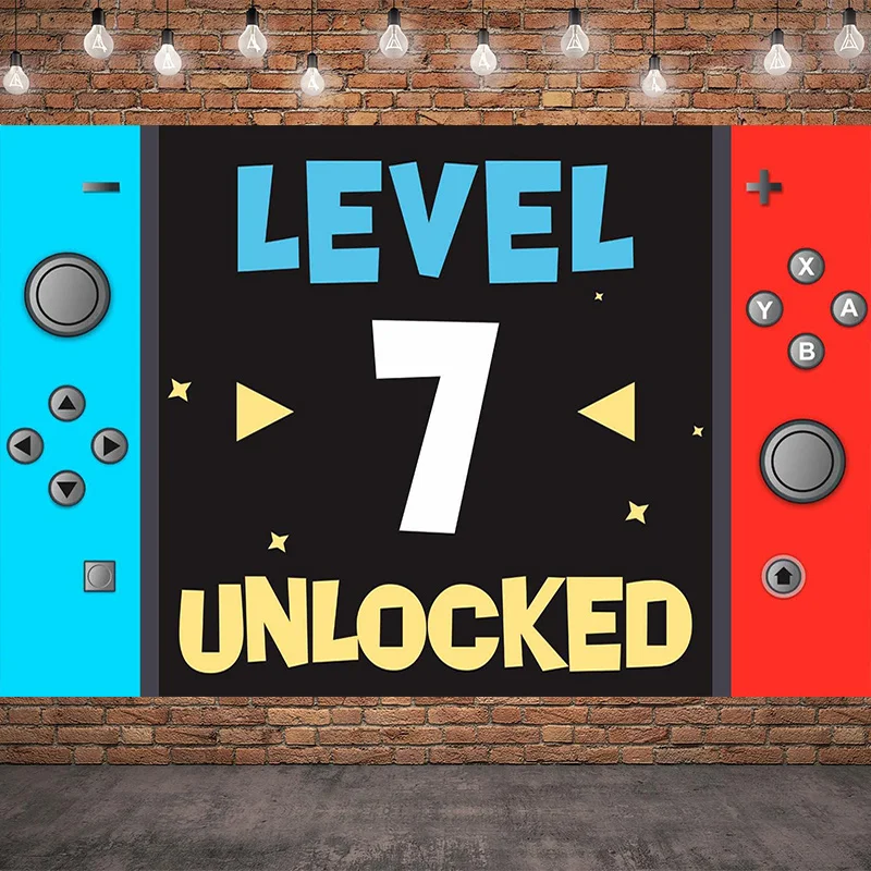 1-Videospiel-Banner für Geburtstagsfeiern – Hintergrundstoff mit „Unlock Level 7“, Polyestermaterial, Spielzimmerdekoration