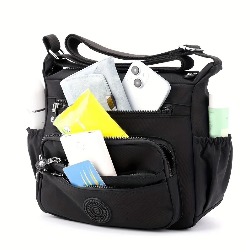 

Lightweight Black Nylon Chic Crossbody Bag for Women, Adjustable Strap, Multi-Pocket Design for Travel, Shopping, Dates & School
