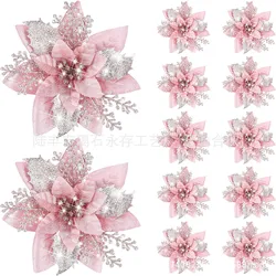 30pcs Glitter Pink Christmas Flowers Xmas Tree 14cm Artifical Flower Ornaments 2023 Merry Christmas Decoration For Home New Year