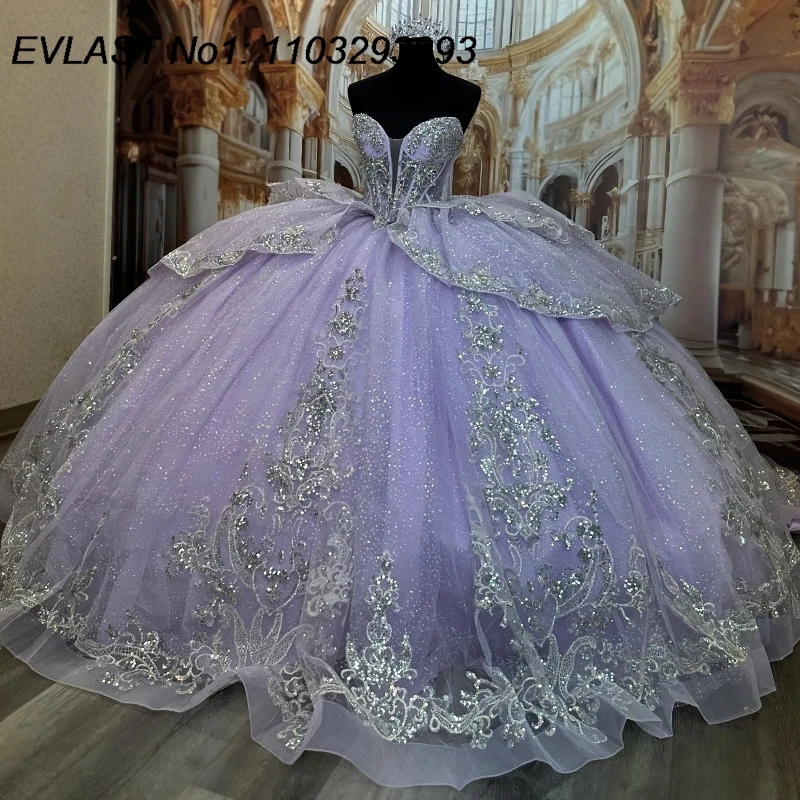 

EVLAST Customized 2025 Lilac Ball Gown Quinceanera Dress Silver Lace Applique Beaded Bow Sweet 16 Vestidos De 15 Anos E1Q623
