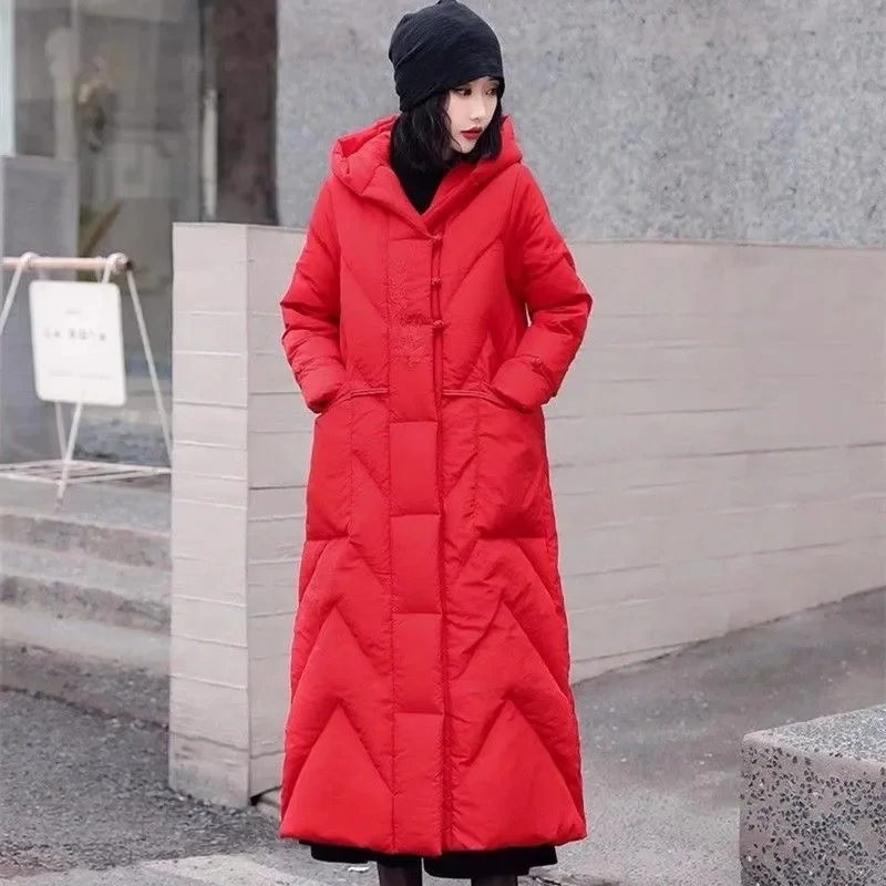 Winter Unten Baumwolle Gepolsterte Frauen Chinesischen Nationalen Stil Lange Outwear Verdickt Warme Mit Kapuze Parka Mantel Weibliche