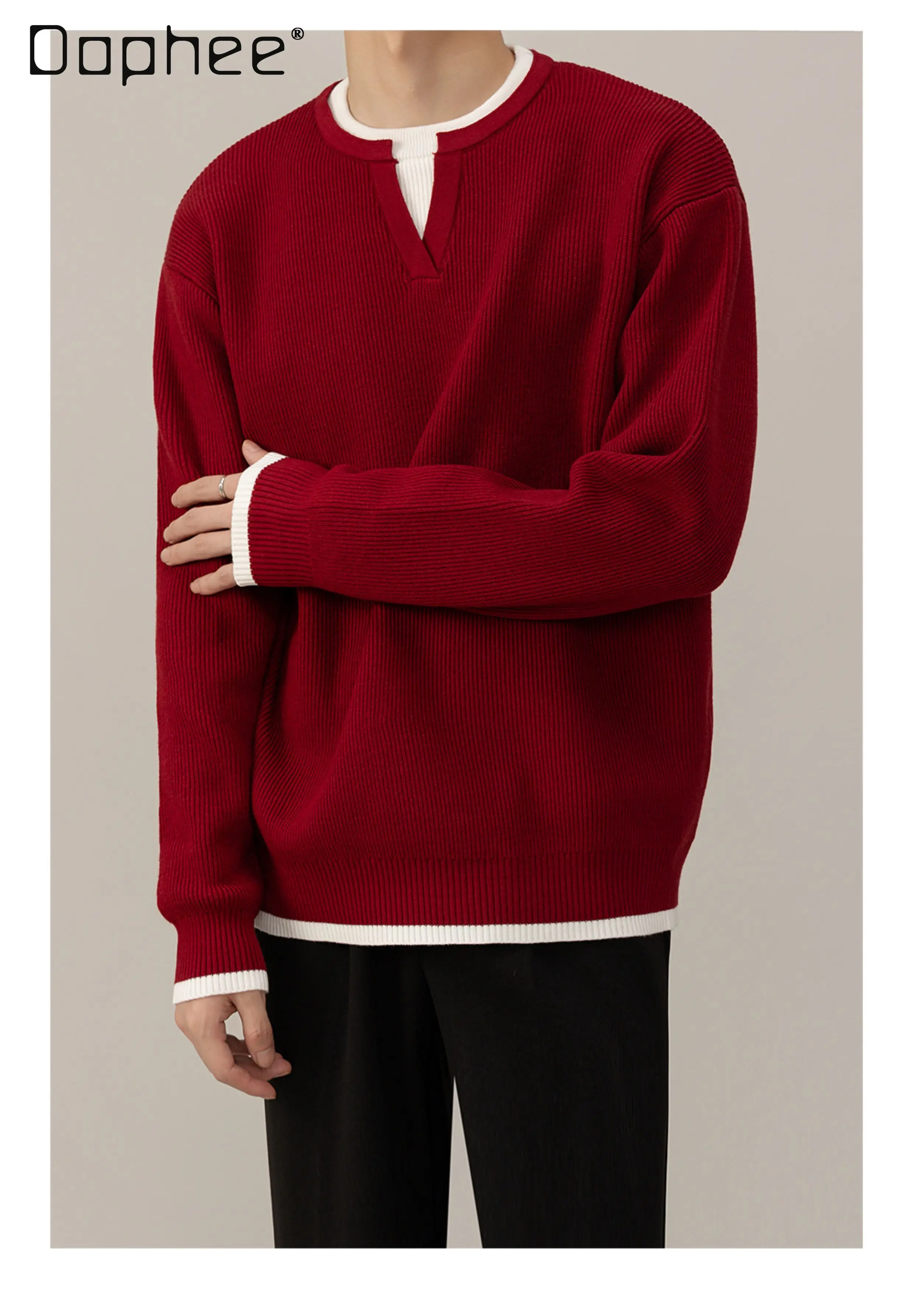 

Autumn Winter Commuting Style Men's Casual Versatile Black White Knitwear High-end Warm V-neck Gray Red Fake Two-piece Sweater