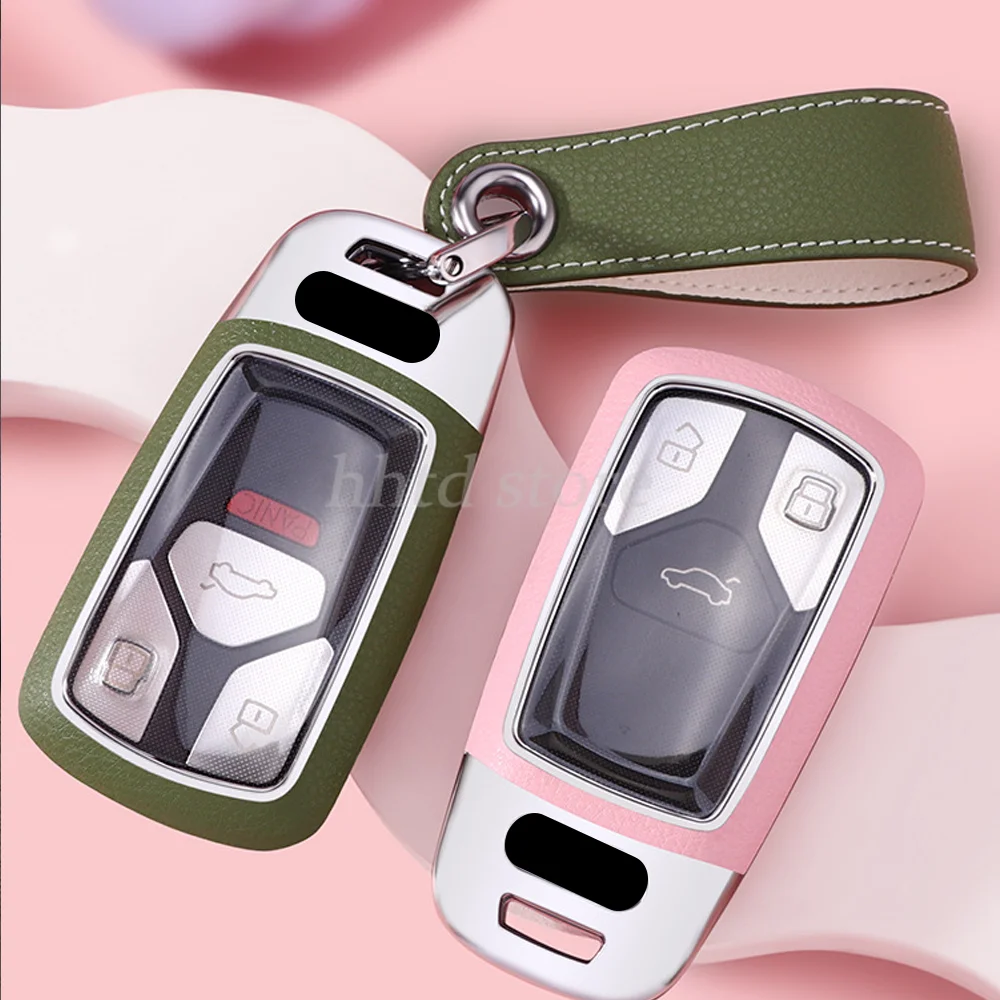 Leather+ PCRemote Start Smart Car Key Cover Case Fob Skin Holder Protector Auto Accessories For Audi New A4 B9 A5 Q5 Q7 TT