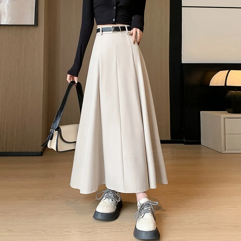 TFETTERS Women High Waist Suit Fabric A Line Maxi Skirt with Belt Spring and Autumn Solid Color Office Long Skirt Streetwear