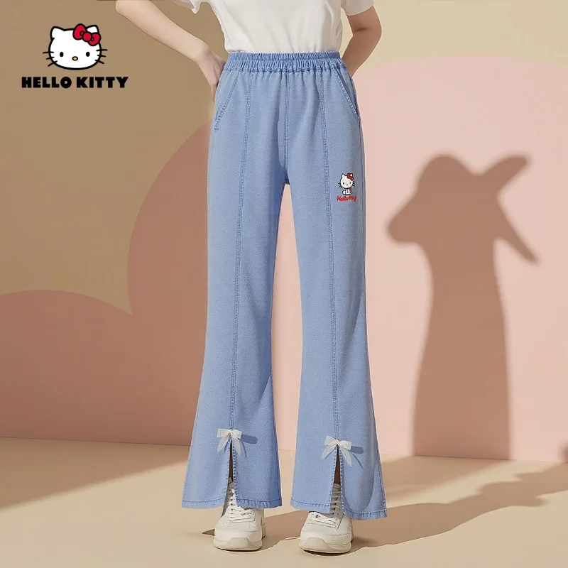 

Sanrio Cartoon Peripheral Hellokitty 2025 Summer Girls Clothing Children's Light and Thin Tencel Jeans Christmas Birthday Gifts