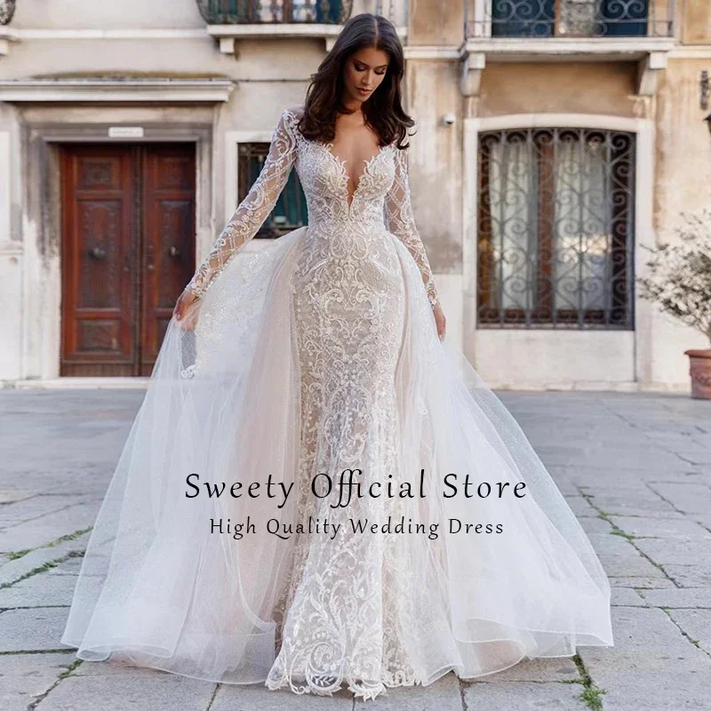 절묘한 인어 스타일 탈부착 가능한 2 in 1 웨딩 드레스 자수 레이스 네트 O넥 풀슬리브 신부 드레스 맞춤 제작