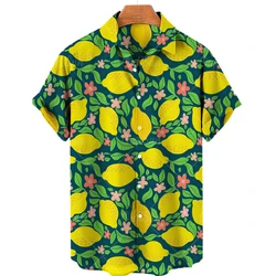 Summer Beach Vacation Fruit Lemon Floral Men's and Women's Casual Shirts Short Casual Hawaiian Shirts Single Button V-Neck Tops