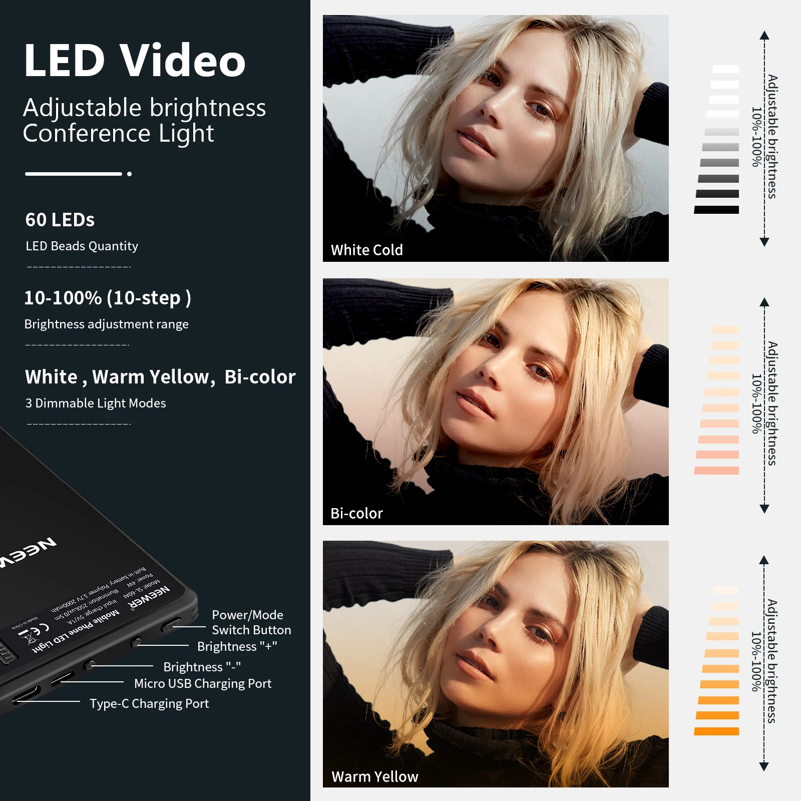 NEEWER-Luz Selfie Recarregável com Clipe Frontal e Traseiro, Alta Potência, 60 LED, 2000mAh, CRI 95 +, 3 Modos, Luz para Tablet, Laptop