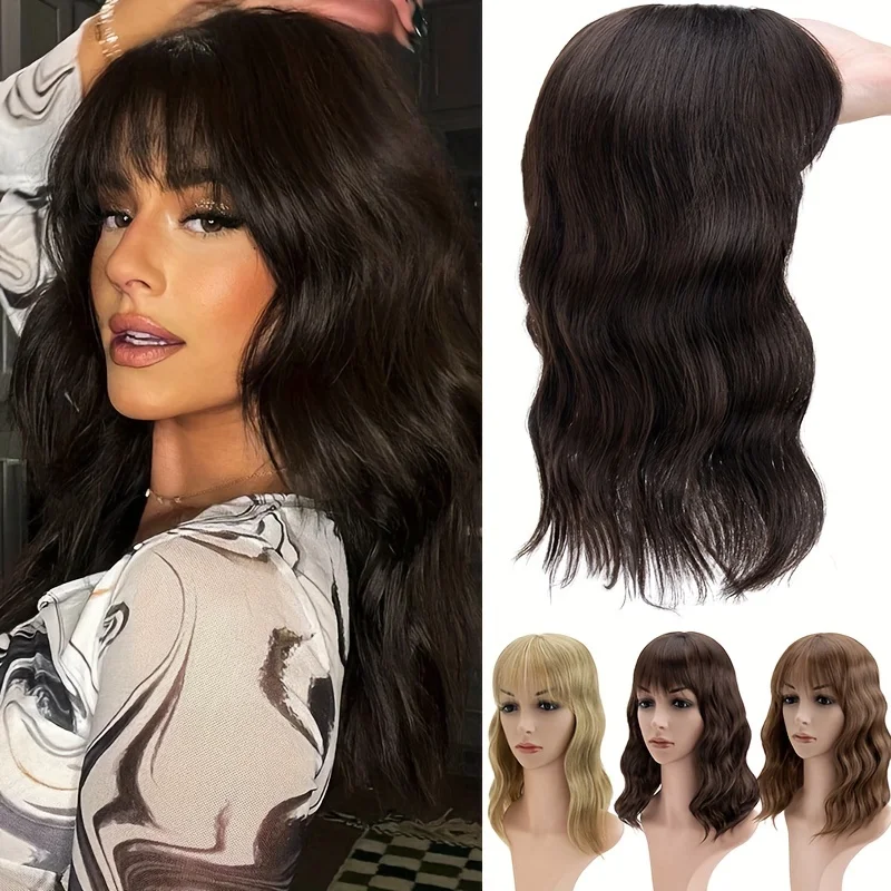 

Snoilite Synthetic Topper Hair Piece Invisible Seamless Wavy Wig Bangs Clip Overhead Invisible Replacement Cover White Hair 14"