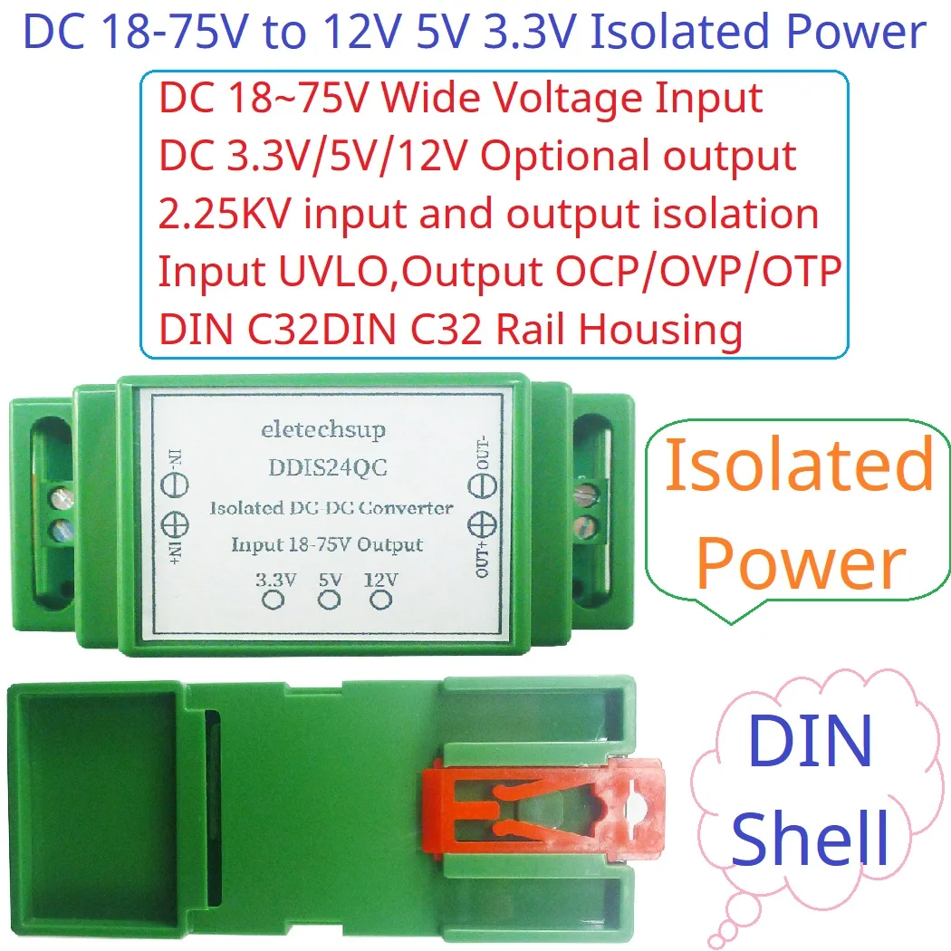 15W DC 24V 36V 48V to 12V 5V 3.3V DIN Rail Isolated Power Supply Module DC-DC Buck Converter for PLC RS485 IO Relay LED