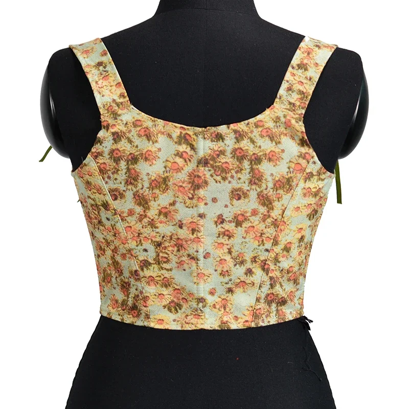 Floral Print Crop Tops Overbust Female Sleeveless Bandage Short Strap Vest For Women Vintage Fashion French Style Lace up Corset