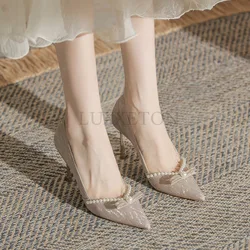 High Heels Thin Heels Crystal Dress Bridal Wedding Shoes Pointed Toe Shallow Mouth Pearl Single Shoes Solid Simple Colors