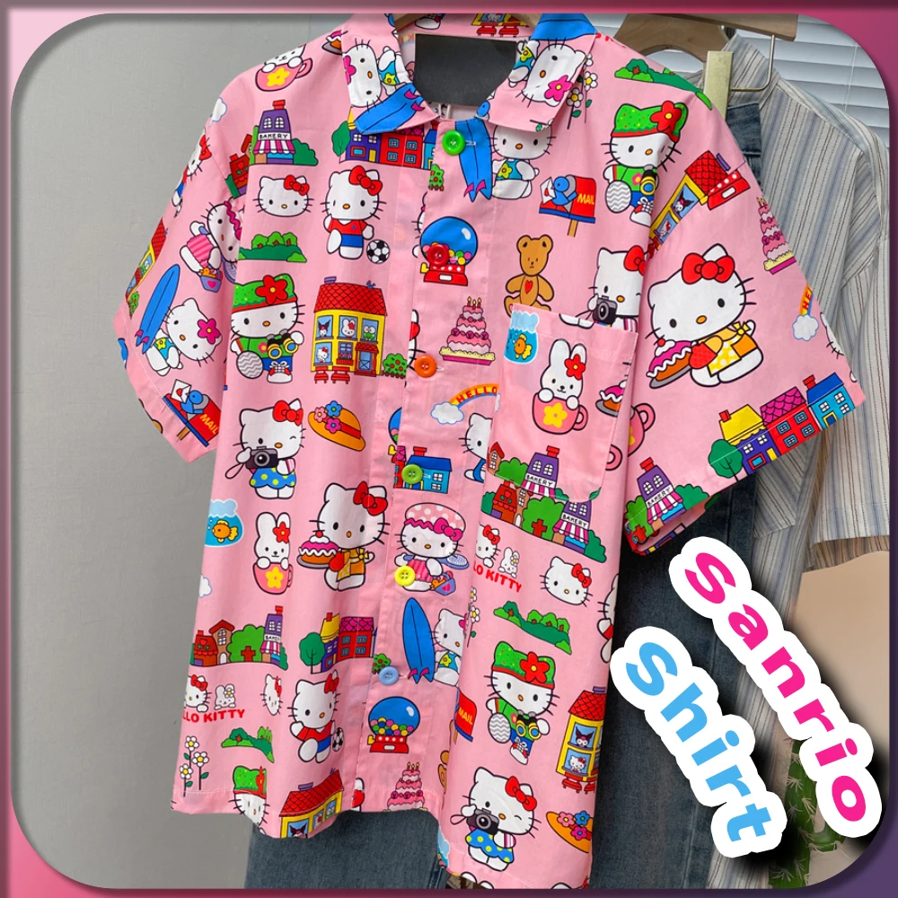 

Kawaii Hello Kitty Повседневная рубашка для подростков и взрослых Sanrio Аниме Мода милый 2024 новый летний короткий рукав розовый Y2k Топ