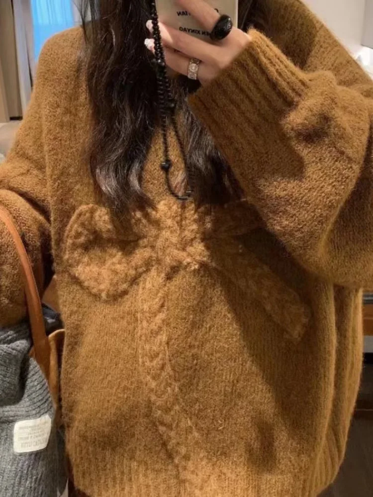 

Gray 3D Knot Thickened Knitted Sweater Women's Loose Lazy Soft Casual Top for Autumn Winter New Style Polyester Fiber