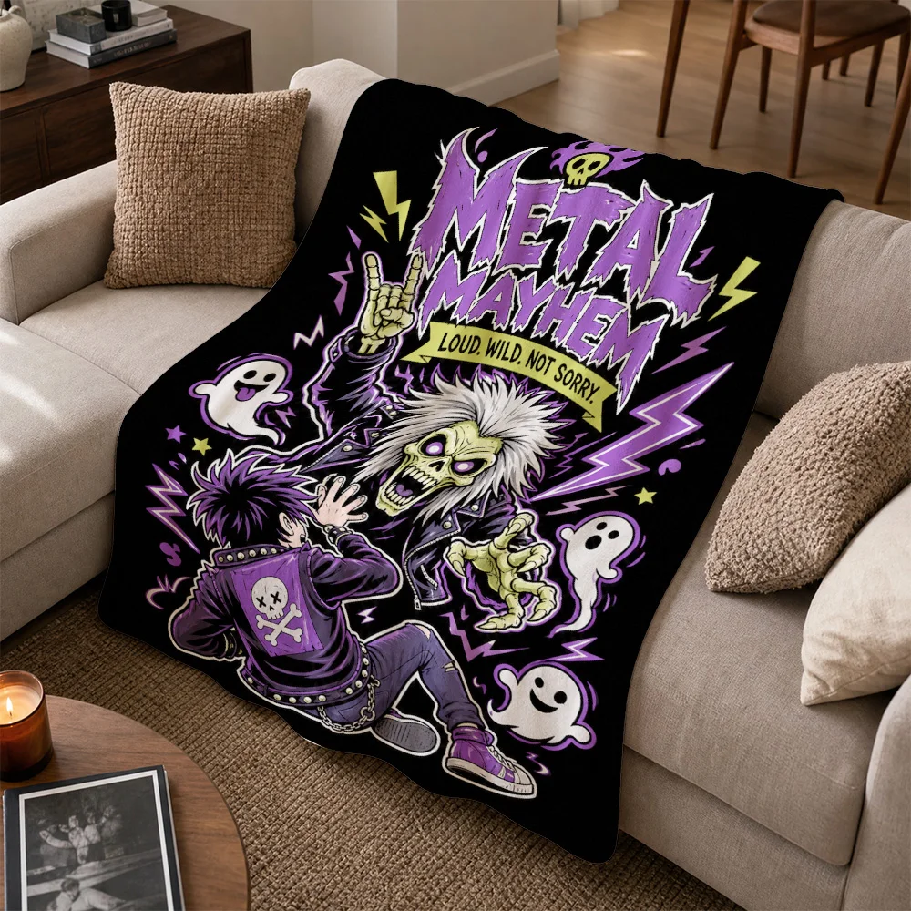 Metal Mayhem Skull Rock Band Throw Blanket Sofa Throw Decorative Couch Decor Gift for Him Halloween Edgy Style Fleece Blanket