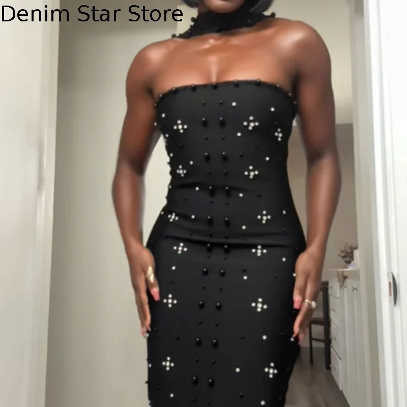 キラキララインストーンスリムドレスセクシーホルターバックレスイブニングガウンノースリーブボディコンスカート2025新作エレガントパーティードレス