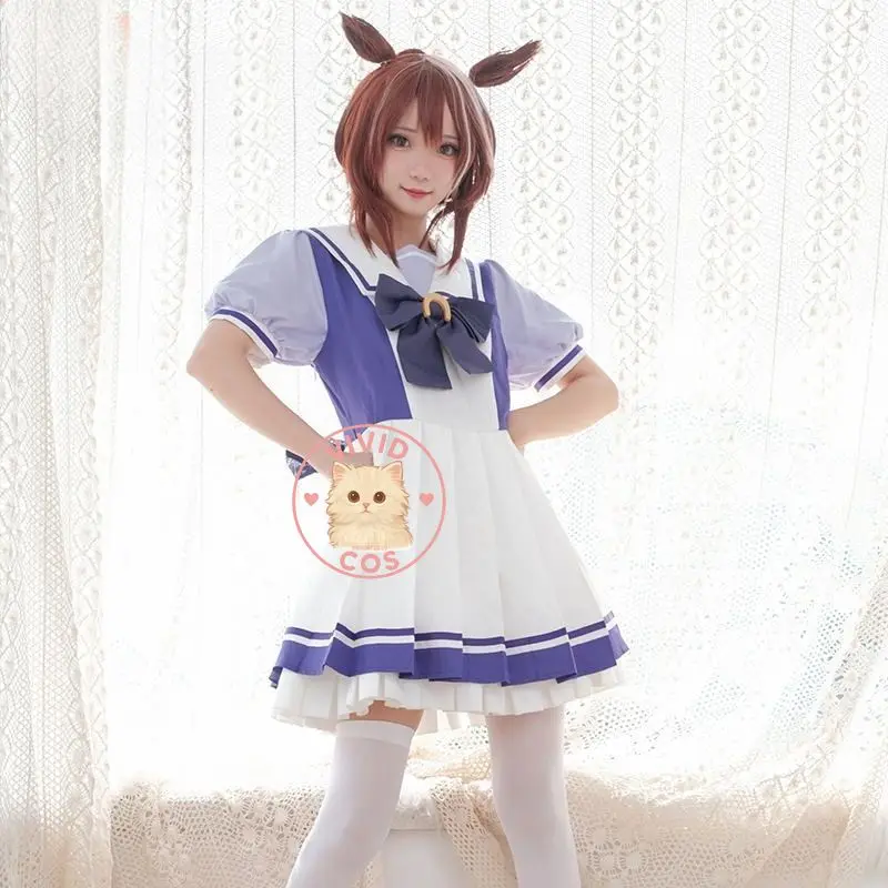 

Pretty Derby Cosplay Costume Anime Tresen Academy Uniform Outfits Role Playing Cute Purple Dress for Women Comic Con Outfit Wig