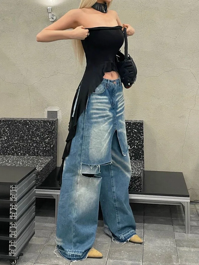 

Американский уличный дизайн, тяжелые джинсовые джинсы с дырками, женские летние новые пикантные девушки, искусственные брюки из двух частей длиной до пола