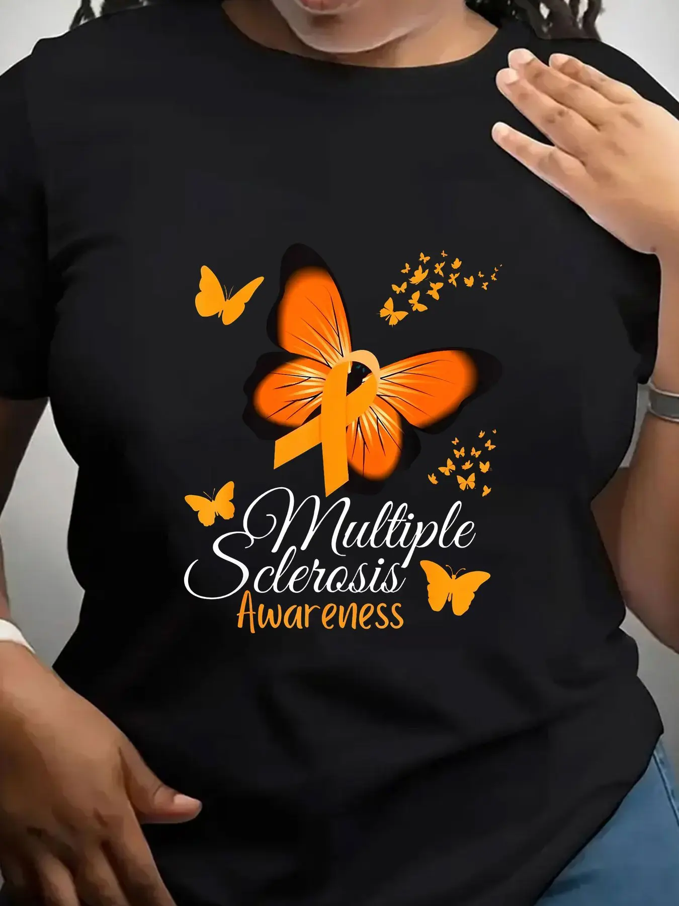 Women's Trendy Crew Neck T-Shirt Multiple Sclerosis Awareness Butterfly Print Suitable for Casual Sportswear
