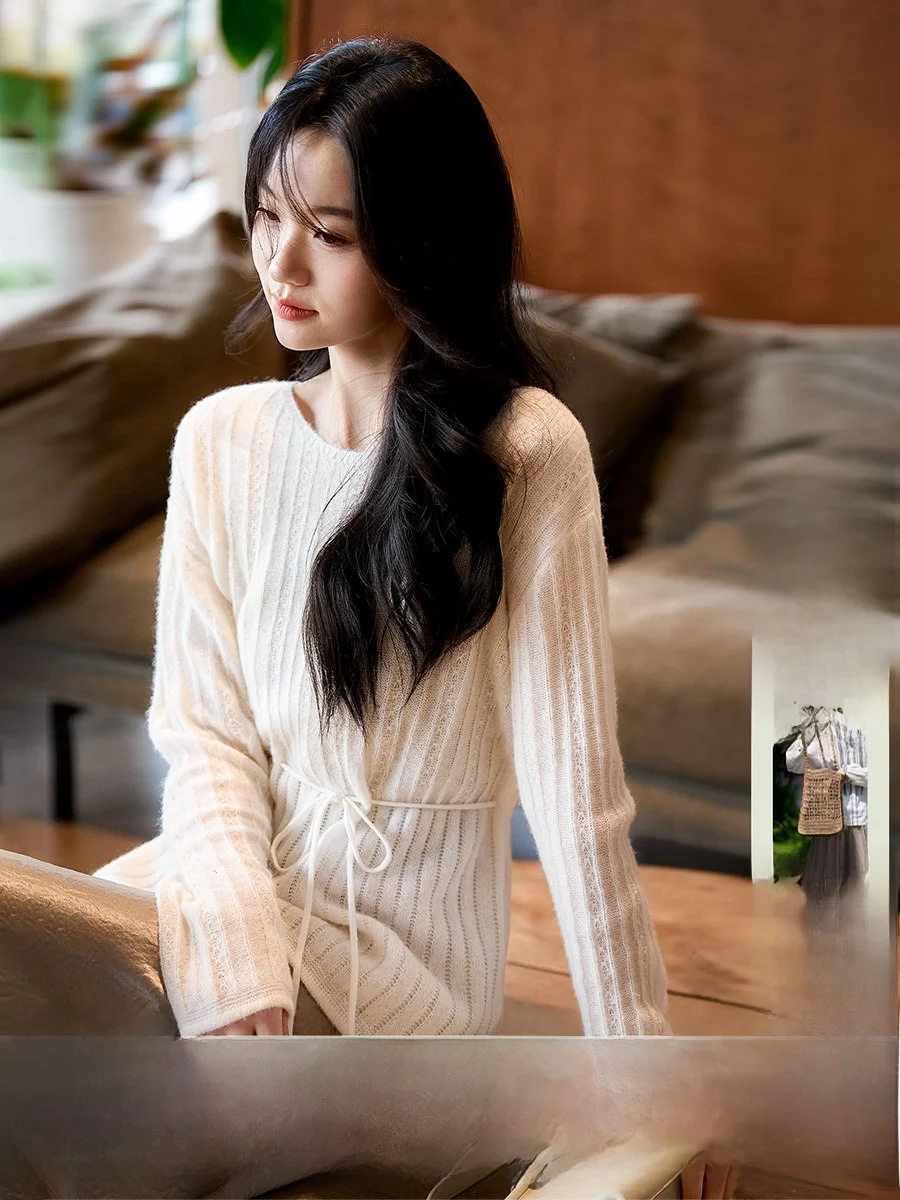 

Spring Early Cherry Blossom Lady Camere Knitted Sweater Women's Waist-Cinching Silk Wool Blend Long Sve Top