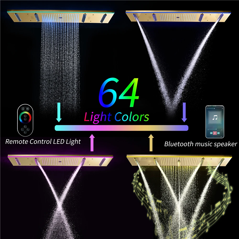 Thermostatic shower faucet, ceiling recessed 48*12 inch LED shower head and music speaker for bathtub and shower