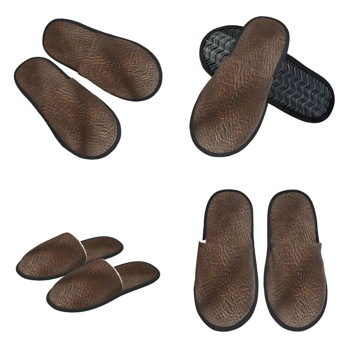 Custom Dark Brown Leather Effect Material Slippers Memory Foam Warm Soft Women House Slipper Indoor Fluffy Shoes