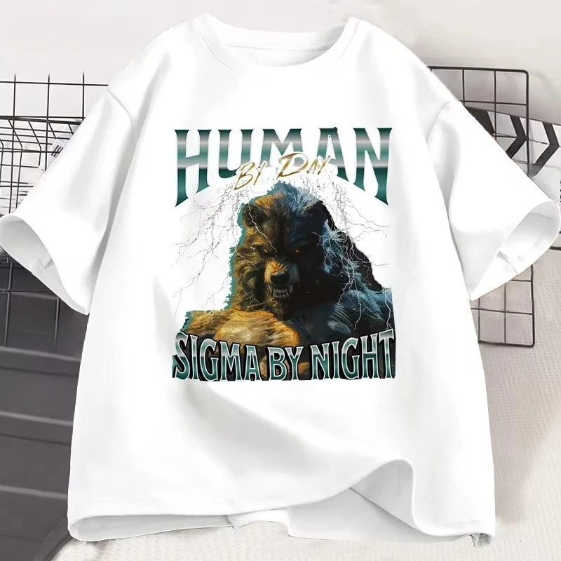 Human By Day Sigma By Night 90s Graphic T Shirt Funny Meme Y2K Tee Vintage Werewolf TShirt Loose Cotton Short Sleeve Tshirt Tops