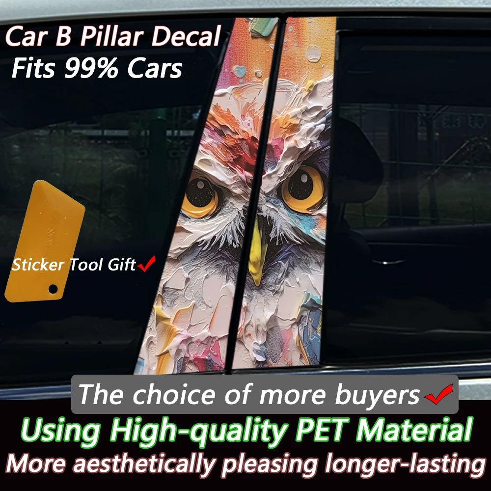 2PCS Colorful Art Owl Car Window Pillar Sticker Split B-pillar Decal Waterproof PVC Auto Styling Vehicle Decoration