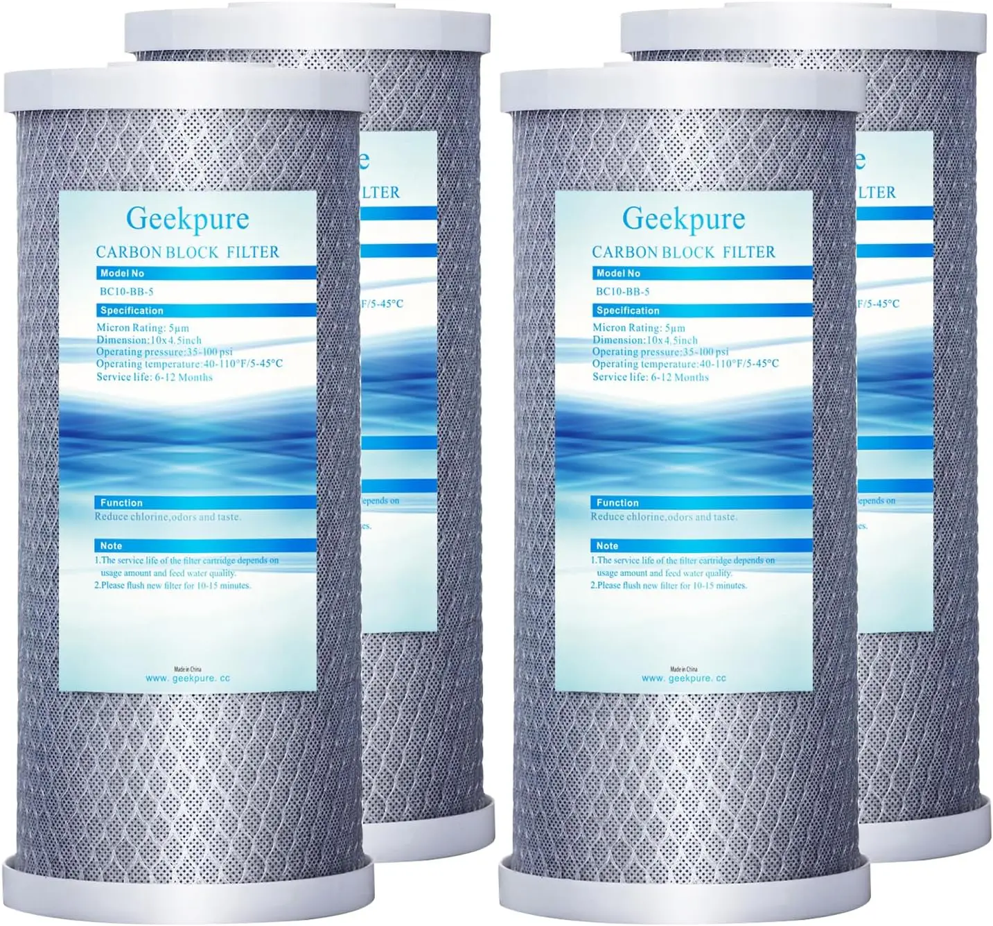 

10 Inch Carbon Block Water Filter - Reduces Chlorine Taste & Odors - Pack of 4 for Whole House Filtration