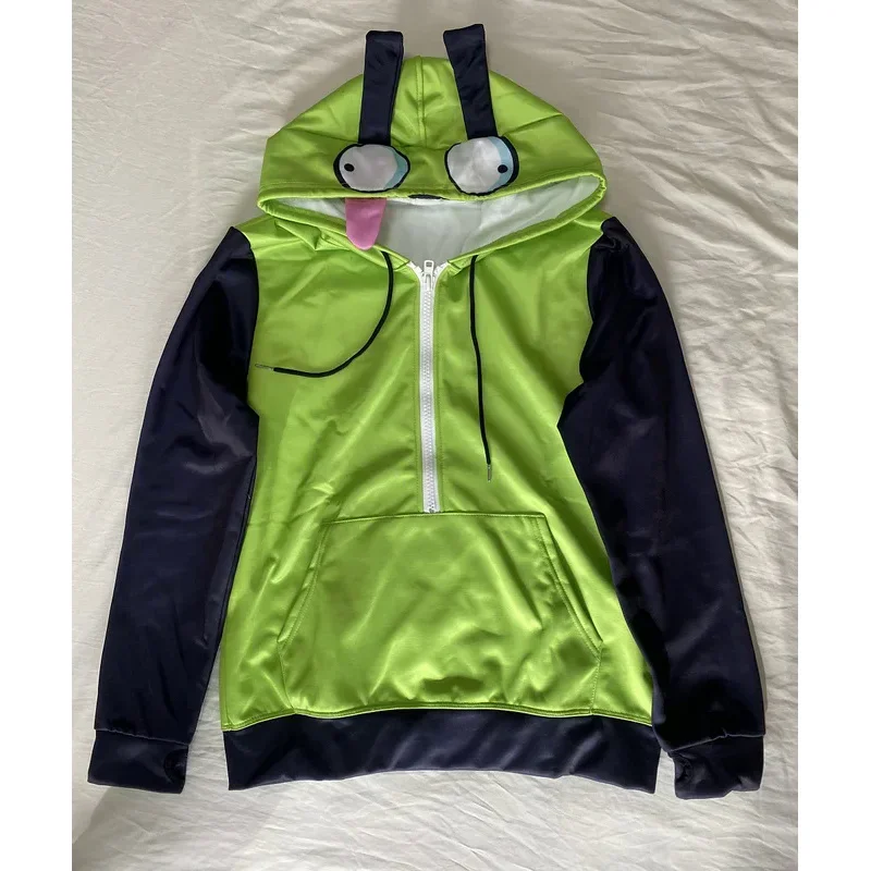 Anime Invader Cosplay Costume Coat Alien Zim Hoodies Jacket Hooded Zip Up Pullovers Sweatshirts with Ears Halloween