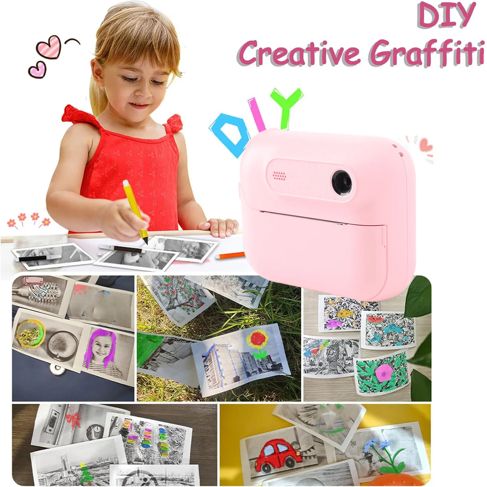 

Instant Camera DIY Instant Print Digital Camera Game Function Cute 48MP 1080P HD 6X Zoom with Lanyard for Birthday Gifts