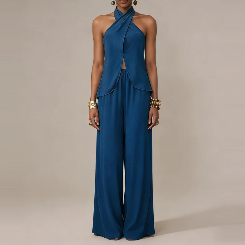 

Backless Hollow Casual Suit High Street Sleeveless Solid Color Loose Outfit Ladies Sexy Hanging Neck Backless Top+Pants Set