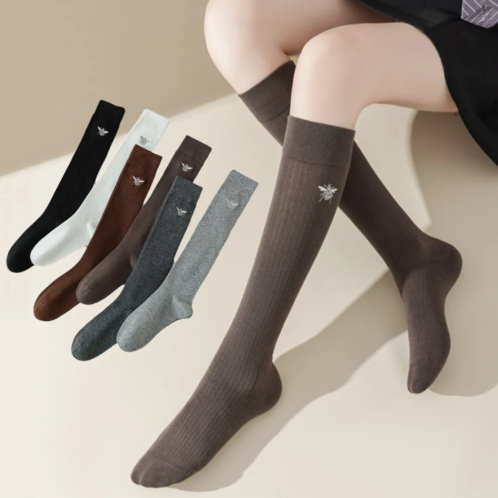 

Женские чулки с вышивкой, вязаные хлопковые однотонные носки среднего размера, японские гольфы JK для школьниц, чулки