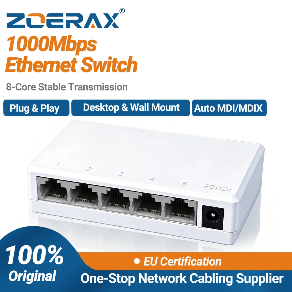 ZoeRax 5-Port Gigabit Mini Switch 10/100/1000Mbps Auto MDI/MDIX 8-Pin Core Port Stable Connection for Home Wiring & IP Camera