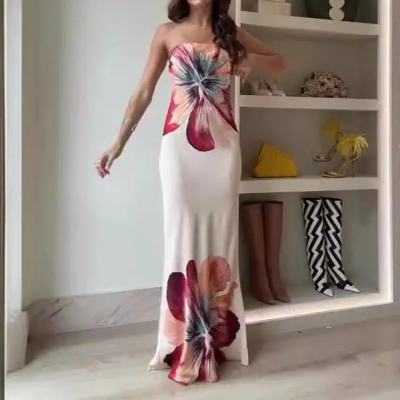 Summer Fashion Chic One Piece Women Robes Elegant Flower Print Off Shoulder Party Dress Sexy Slim Backless Strapless Women Dress