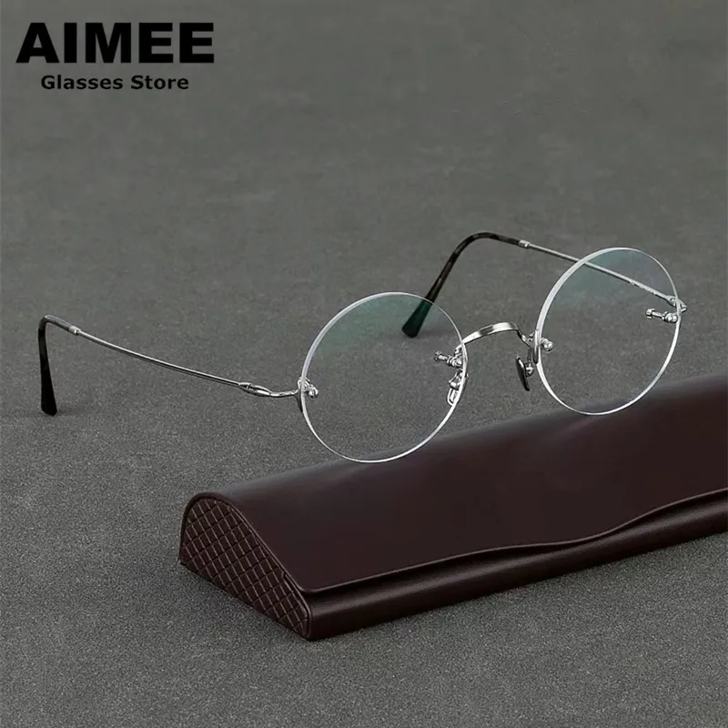 Pure Titanium Vintage Round Frameless Glasses Frame Men Women Prescription Eyeglasses Optical Rimless Blue Light Eyewear Gafas