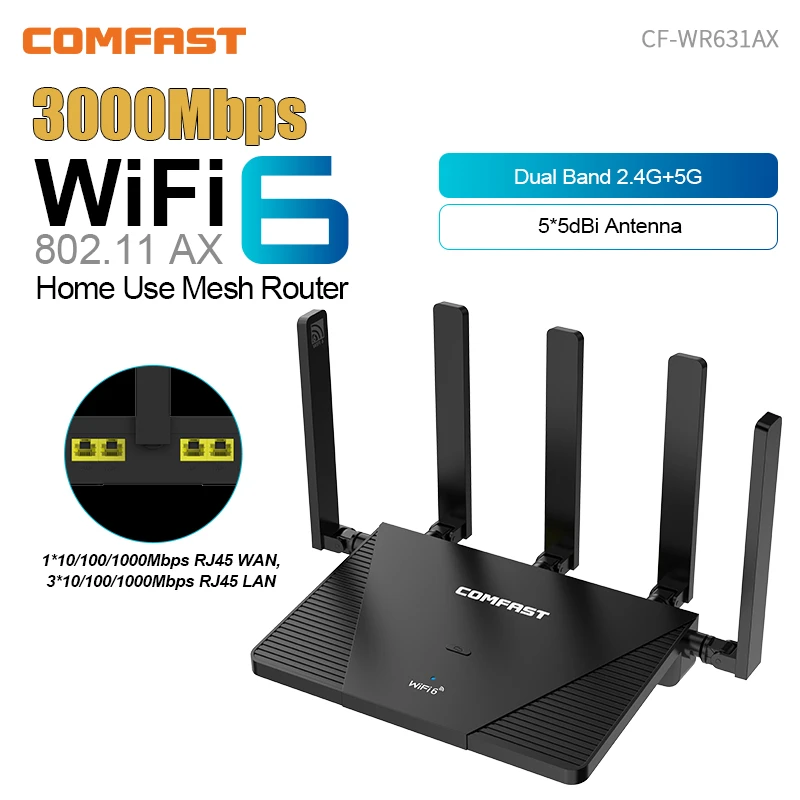 무선 메시 라우터 와이파이 범위 확장기, 3000Mbps 와이파이 6 증폭기 리피터, 2.4G, 5.8G, 6 * 5dBi 안테나, 5 기가비트 포트