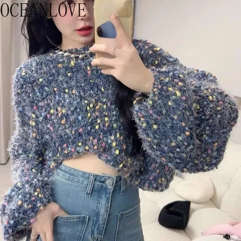 

OCEANLOVE Colorful Dot Women Sweaters Korean Fashion Sweet Loose Autumn Winter Short Pullovers Casual Vintage Sueter Mujer