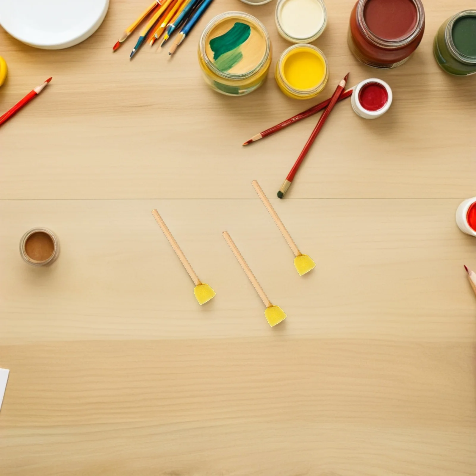 40 قطعة من فرش الطلاء الإسفنجية ذات المقبض الخشبي، أدوات رسم للأطفال باللون الأصفر للحرف اليدوية ومشاريع فنية بالألوان المائية #4