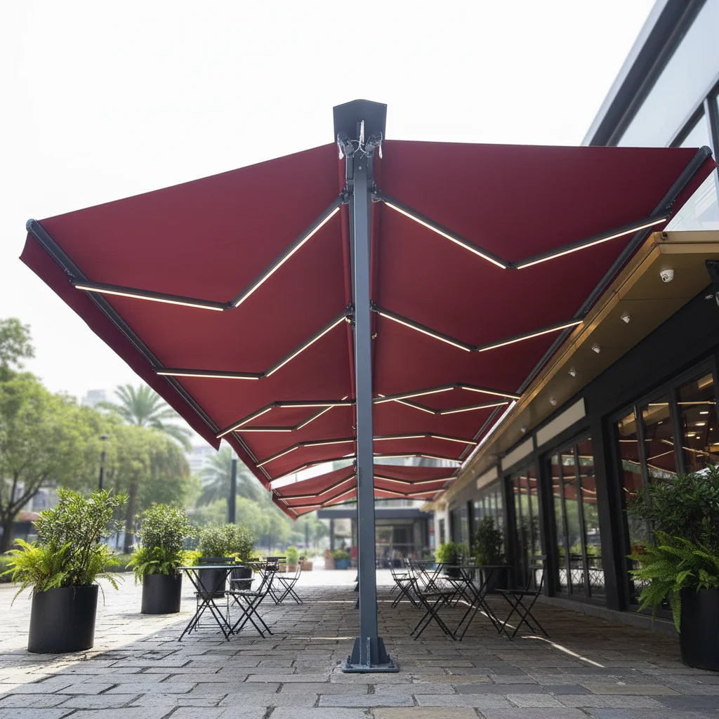 Large Modern Aluminum Double Side Butterfly Awning Electric Foldable Custom Sunshade For Restaurant Commercial Patio Outdoor