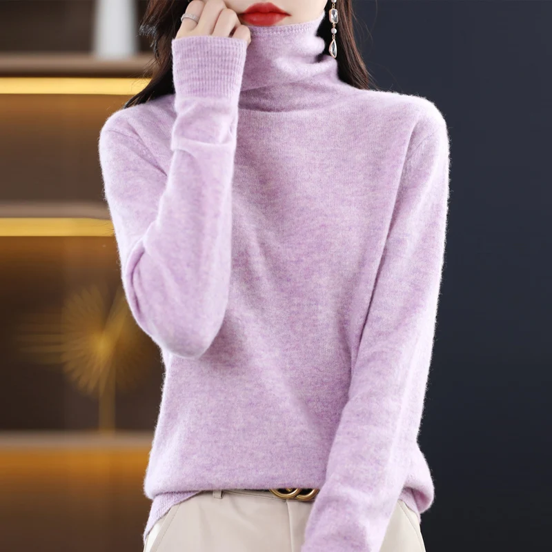 Fall/Winter  New Sweaters Keep Warm 100% Pure Wool Pullover Women's High Collar Solid Color Long Sleeve Loose Top