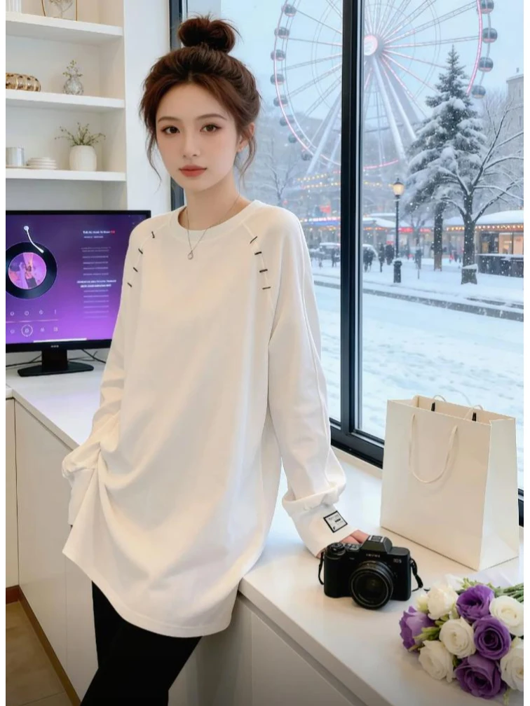 

White Long Sve Mid-Length T-irt Women's Base Layer Meat Covering Casual Loose Fit Knitted High Waist round Ne Top