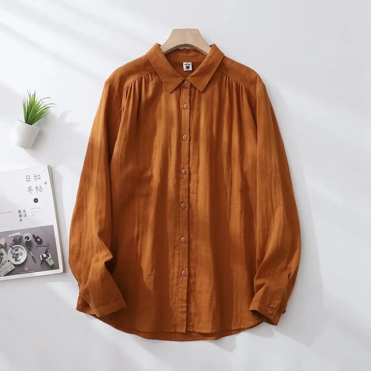 100% Cotton Dark Green Blouses Mori Girl Japan Style Brief Vintage Long Sleeve Turndown Collar Solid Backing Shirts Tall Tops