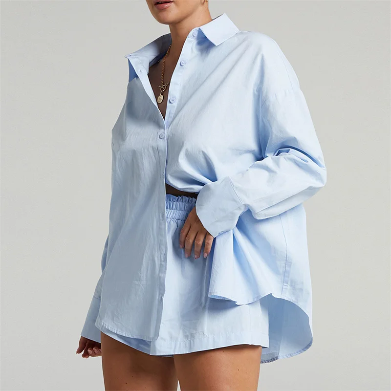 

Women's Shirt Set New Solid Color Loose Long Sleeve Shirt Top and Elastic Waist Shorts 2-piece Set Office Commuting Dressing Set