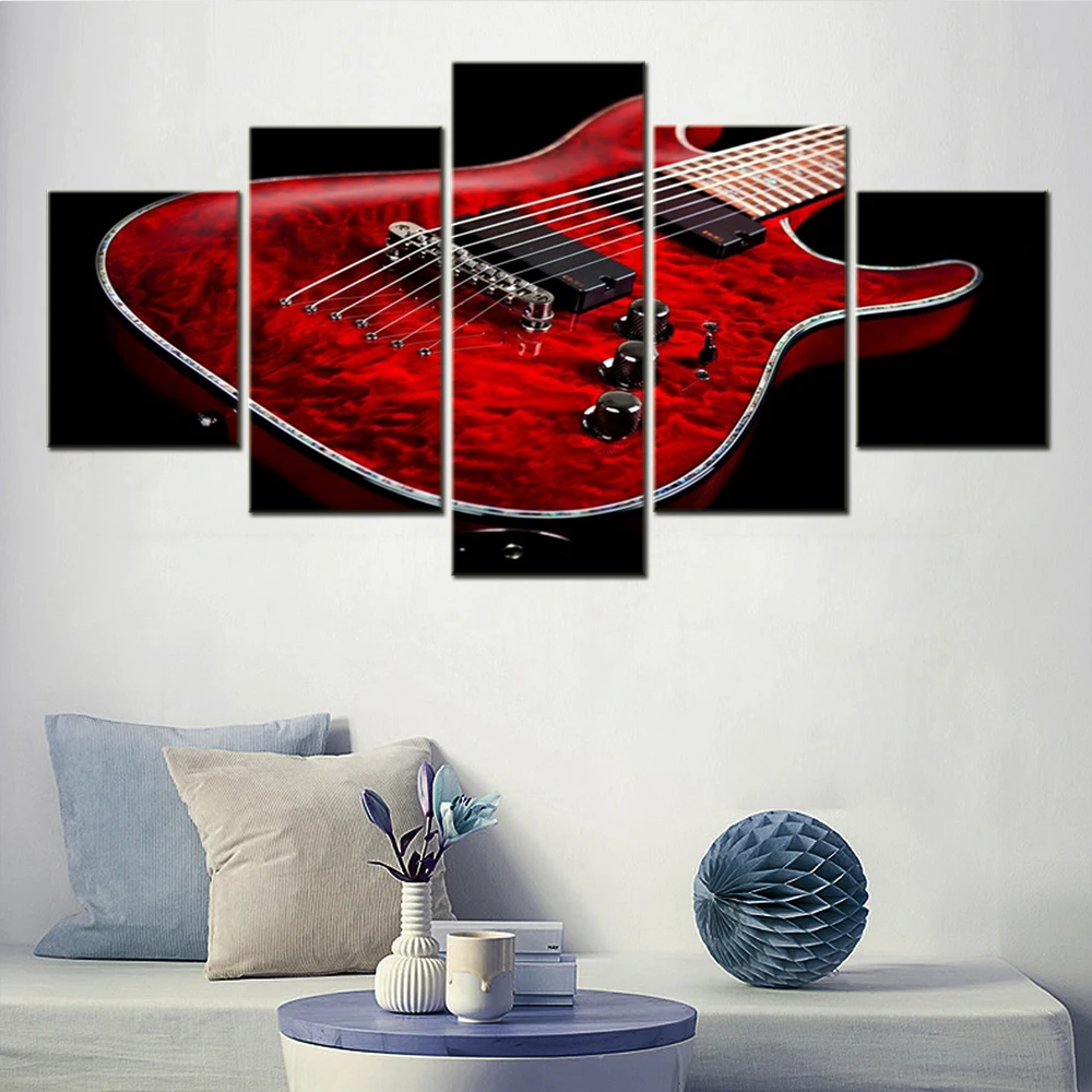 

5 Pieces Canvas Wall Arts Poster Red Guitar HD Wallpaper Painting Living Room Picture Print Home Decor Bedroom Mural Artwork