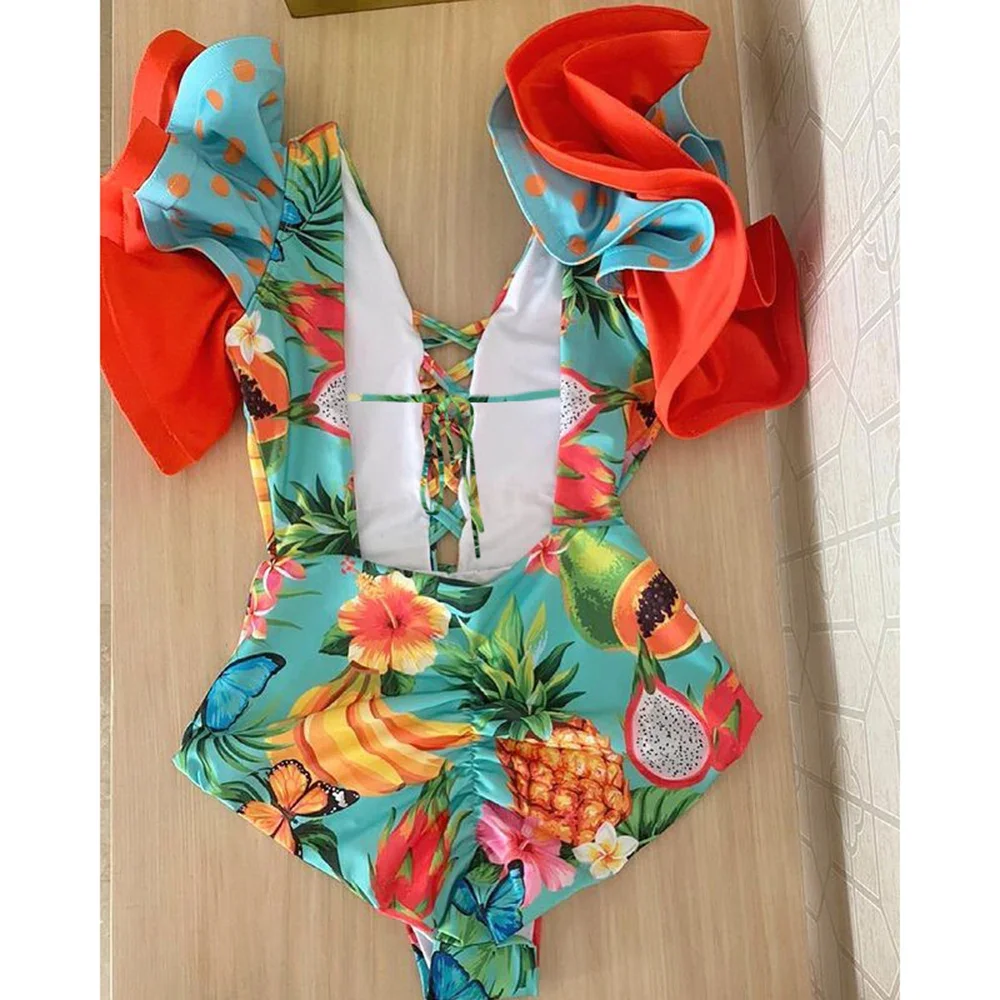 2021 New Sexy Ruffle Print Floral One Piece Swimsuit Off The Shoulder Swimwear Women Solid Deep-V Beachwear Bathing Suit Monkini